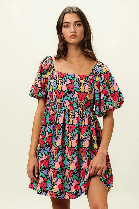 BiBi Floral Print Puff Square Neck Dress - Fashorio