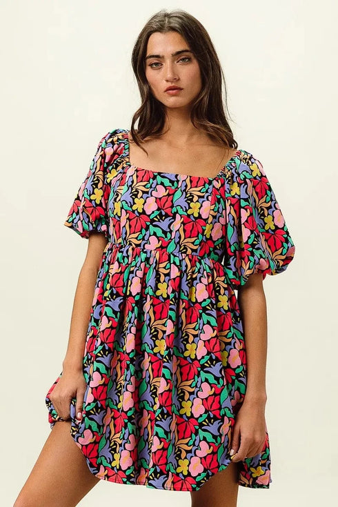 BiBi Floral Print Puff Square Neck Dress - Fashorio