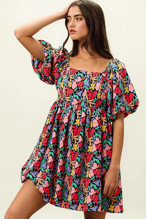 BiBi Floral Print Puff Square Neck Dress - Fashorio