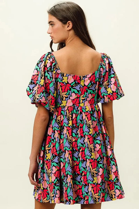 BiBi Floral Print Puff Square Neck Dress - Fashorio