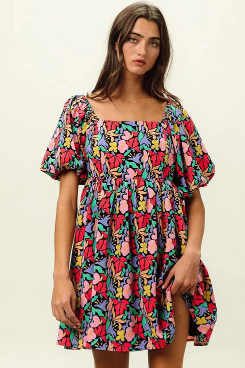 BiBi Floral Print Puff Square Neck Dress - Fashorio