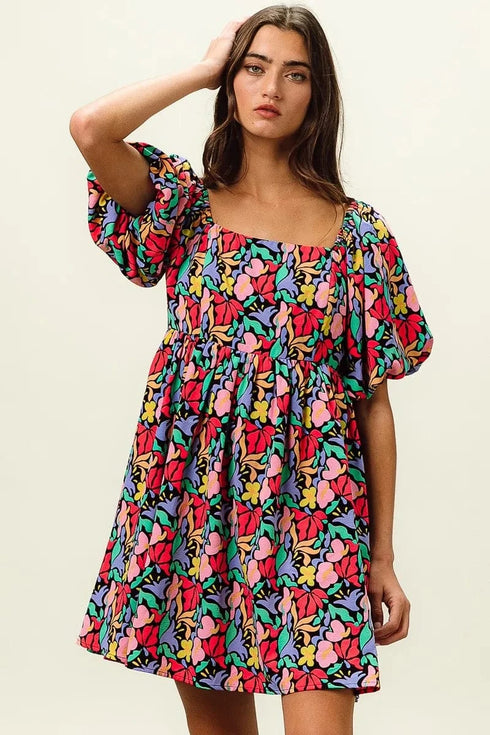 BiBi Floral Print Puff Square Neck Dress - Fashorio