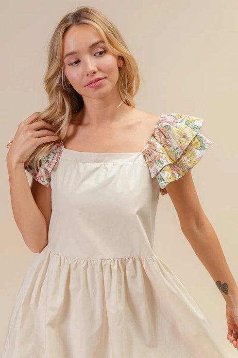 BiBi Flower Embroidered Floral Print Sleeve Dress - Fashorio