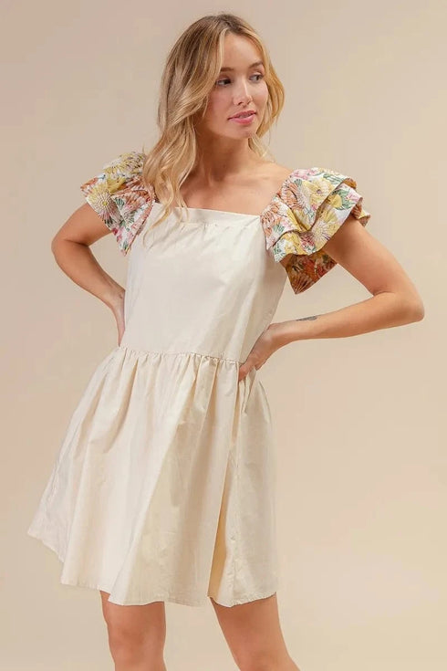 BiBi Flower Embroidered Floral Print Sleeve Dress - Fashorio