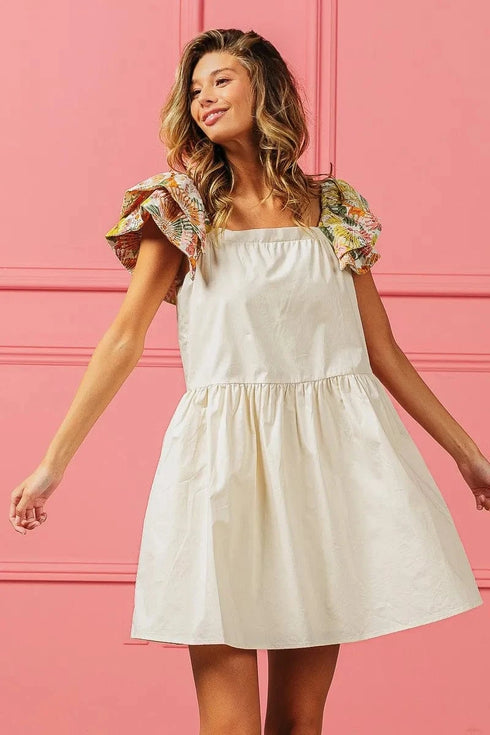 BiBi Flower Embroidered Floral Print Sleeve Dress - Fashorio