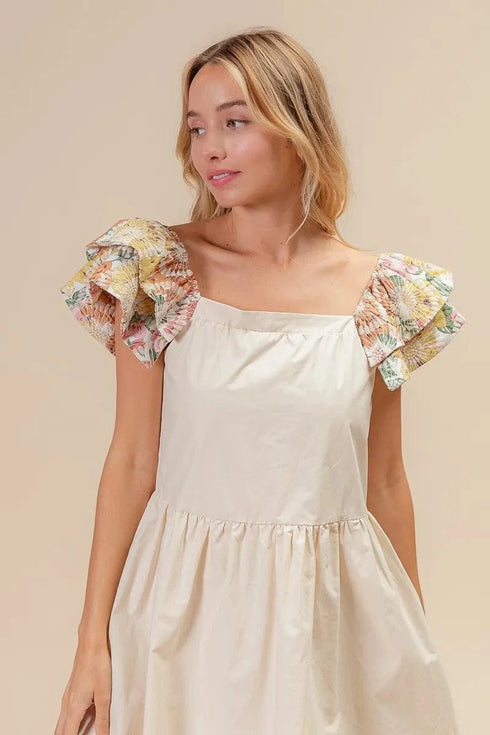 BiBi Flower Embroidered Floral Print Sleeve Dress - Fashorio