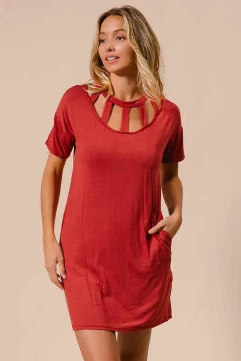 BiBi Front Cutout Mini Tee Dress with Pockets - Fashorio