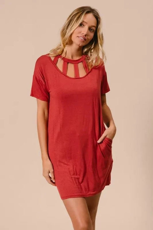BiBi Front Cutout Mini Tee Dress with Pockets - Fashorio