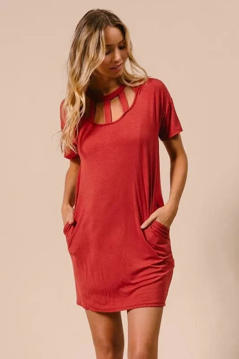 BiBi Front Cutout Mini Tee Dress with Pockets - Fashorio