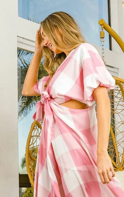BiBi Front Tied Puff Sleeve Checkered Dress with Cut Out Detail - Fashorio