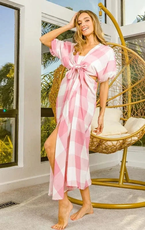 BiBi Front Tied Puff Sleeve Checkered Dress with Cut Out Detail - Fashorio