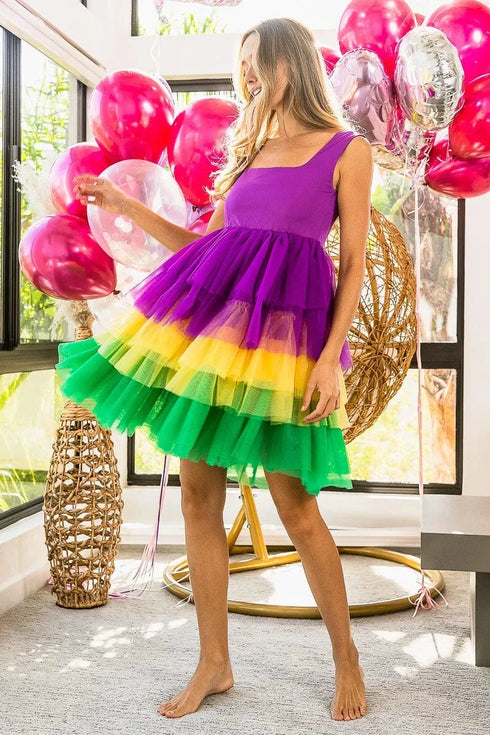 BiBi Mardi Gras Color Block Layered Mesh Tiered Dress - Fashorio