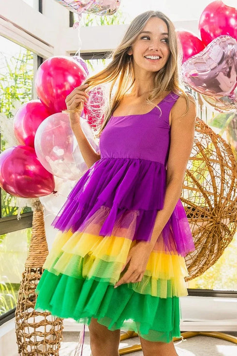 BiBi Mardi Gras Color Block Layered Mesh Tiered Dress - Fashorio
