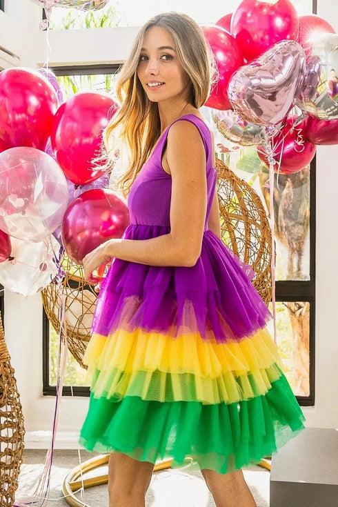 BiBi Mardi Gras Color Block Layered Mesh Tiered Dress - Fashorio