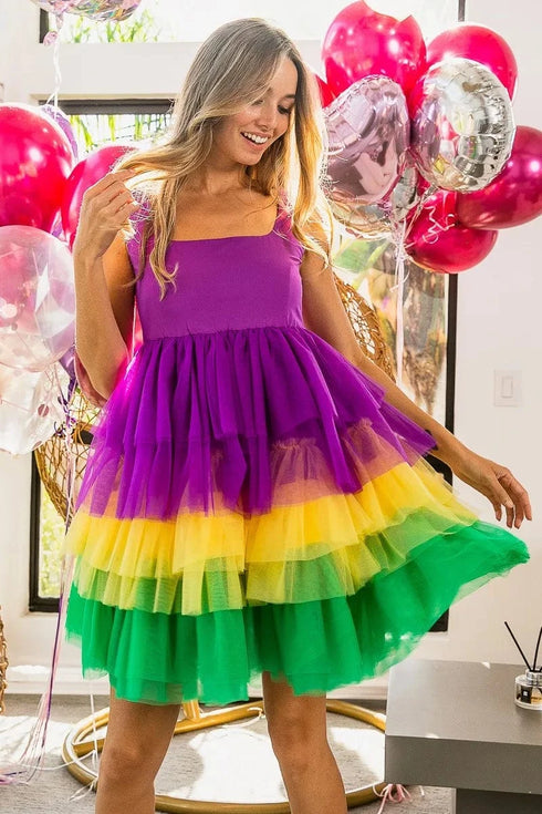 BiBi Mardi Gras Color Block Layered Mesh Tiered Dress - Fashorio