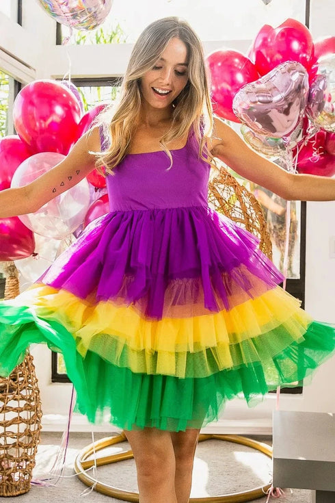 BiBi Mardi Gras Color Block Layered Mesh Tiered Dress - Fashorio