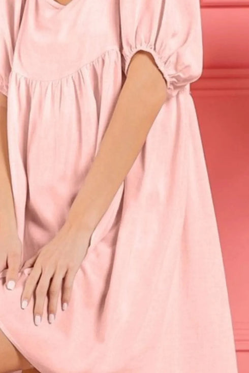 BiBi Washed Linen Tiered Midi Dress with Puff Sleeves - Fashorio