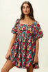BiBi Floral Print Puff Square Neck Dress BLACK MULTI - Fashorio