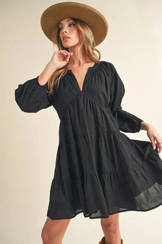 Aemi + Co Notched Balloon Sleeve Tiered Mini Dress Black - Fashorio