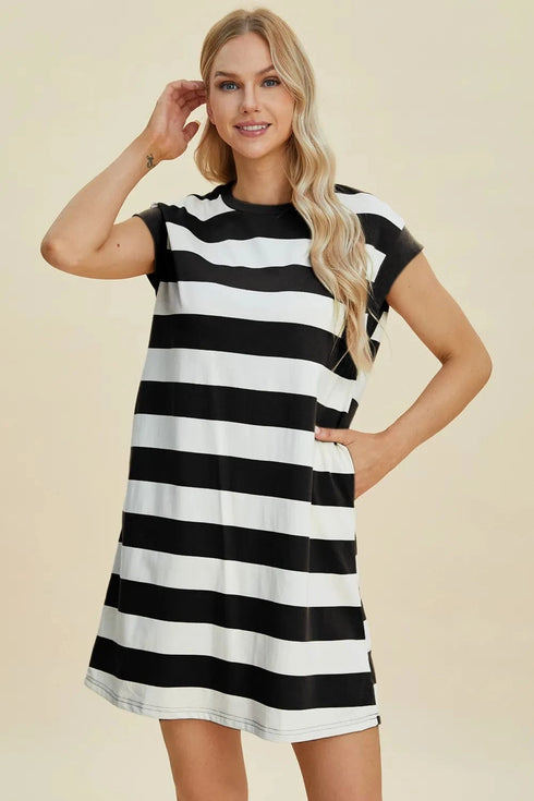Basic Bae Full Size Striped Round Neck Cap Sleeve Mini Dress Black - Fashorio