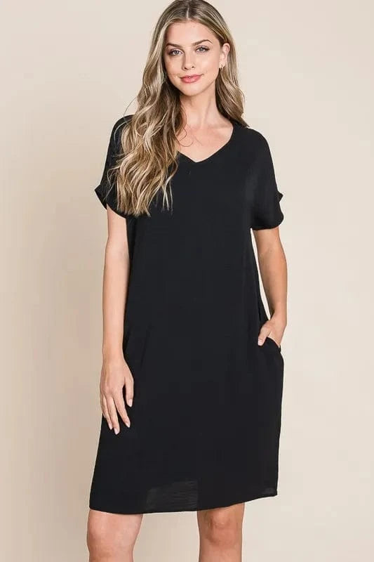 BOMBOM V-Neck Short Sleeve Dress with Pockets Black - Fashorio