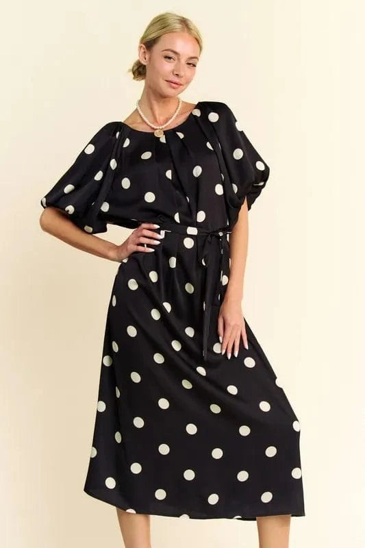 Davi & Dani Polka Dot Puff Sleeves Waist Tie Midi Dress Black - Fashorio