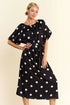 Davi & Dani Polka Dot Puff Sleeves Waist Tie Midi Dress Black - Fashorio