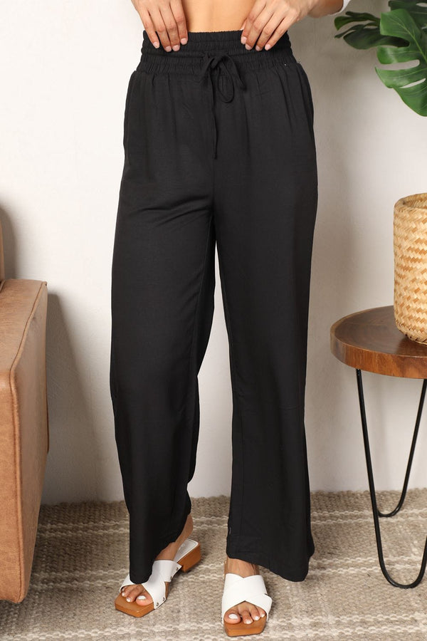 Double Take Drawstring Smocked Waist Wide Leg Pants Black - Fashorio