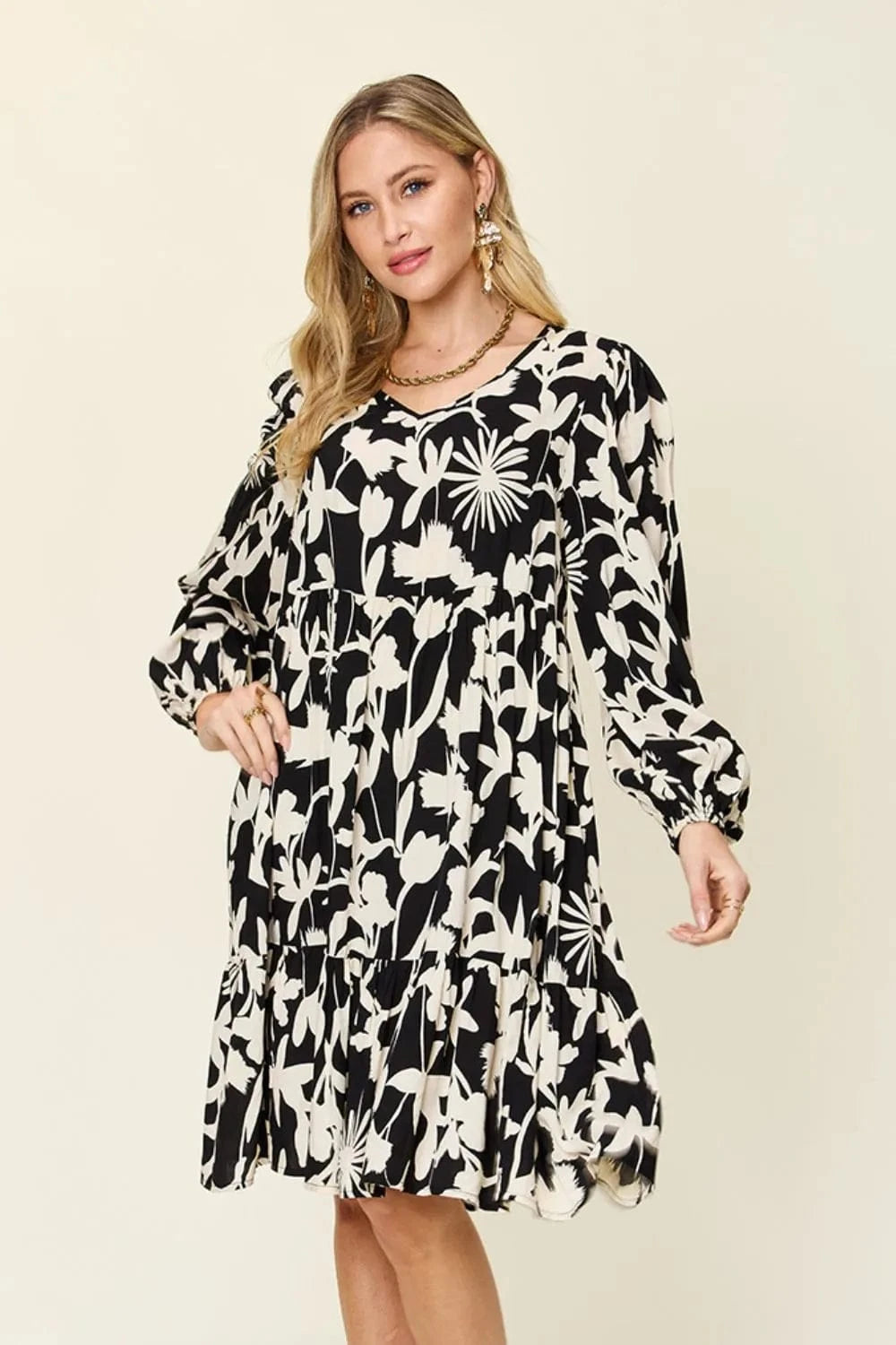 Double Take Full Size Printed Ruffle Hem Dress with Pocket Black - Fashorio