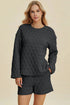 Double Take Full Size Texture Round Neck Long Sleeve Top and Shorts Set Black - Fashorio