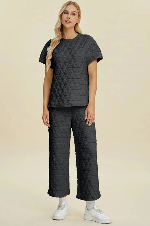 Double Take Full Size Texture Round Neck Short Sleeve Top and Pants Set Black - Fashorio