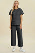 Double Take Full Size Texture Round Neck Short Sleeve Top and Pants Set Black - Fashorio