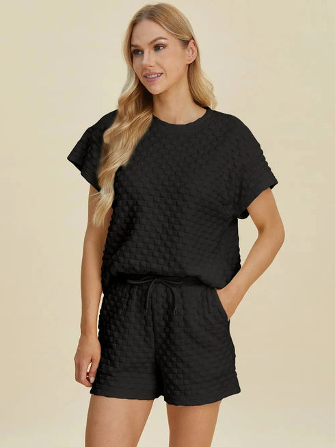 Double Take Full Size Texture T-Shirt and Shorts Set Black - Fashorio