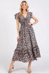 Mittoshop Flower Print Ruffle Cap Sleeve V-neck Midi Dress BLACK - Fashorio