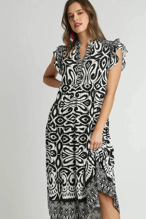 Umgee Full Size Two Tone Border Print Ruffle Cap Sleeve Midi Dress Plus Size Black - Fashorio