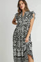 Umgee Full Size Two Tone Border Print Ruffle Cap Sleeve Midi Dress Plus Size Black - Fashorio