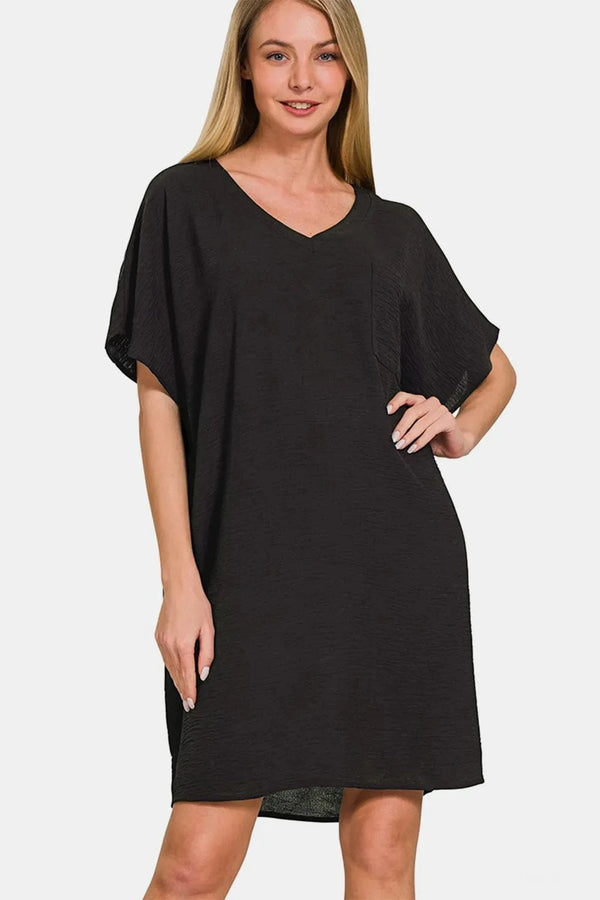 Zenana V-Neck Tee Dress with Pockets Black - Fashorio