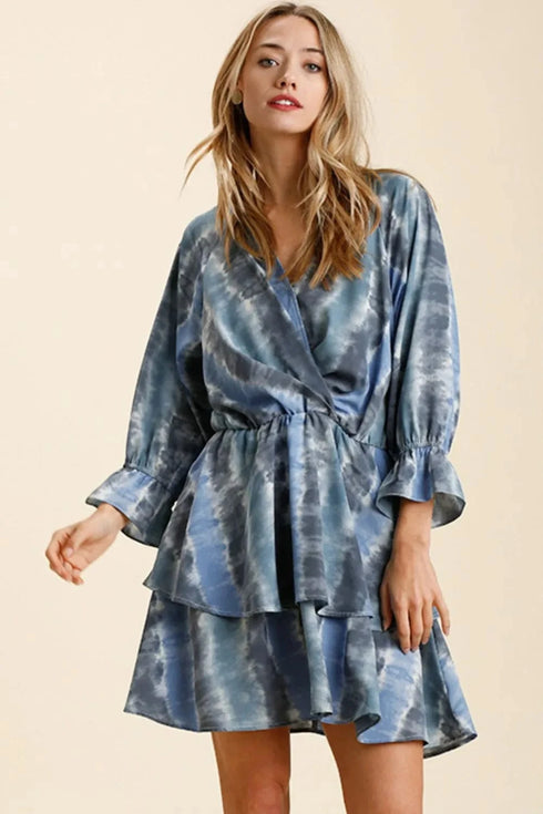 Umgee Tie Dye Ruffled Layered Dress with Elastic Waistband BLUE GREY - Fashorio