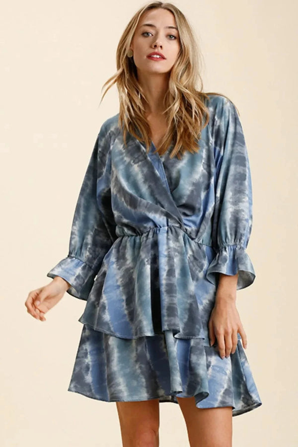 Umgee Tie Dye Ruffled Layered Dress with Elastic Waistband BLUE GREY - Fashorio