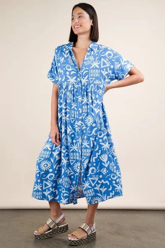 VERY J Plus Size Oversized Printed Shirt Midi Dress Blue Mix - Fashorio