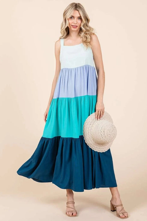Mittoshop Color Block Tiered Pull-On Maxi Dress BLUE MULTI - Fashorio
