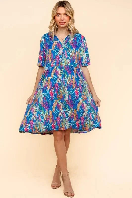Haptics Johnny Collar Babydoll Dress with Side Pockets Blue - Fashorio