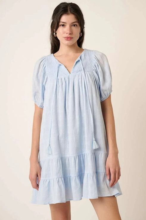Mittoshop Tassel Tie Plaid Gauze Short Sleeve Mini Dress BLUE - Fashorio
