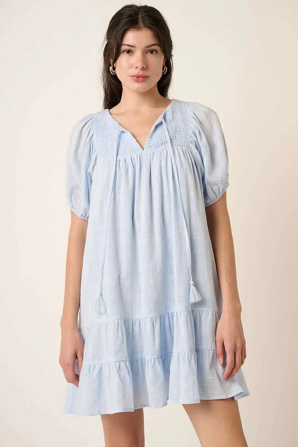 Mittoshop Tassel Tie Plaid Gauze Short Sleeve Mini Dress BLUE - Fashorio