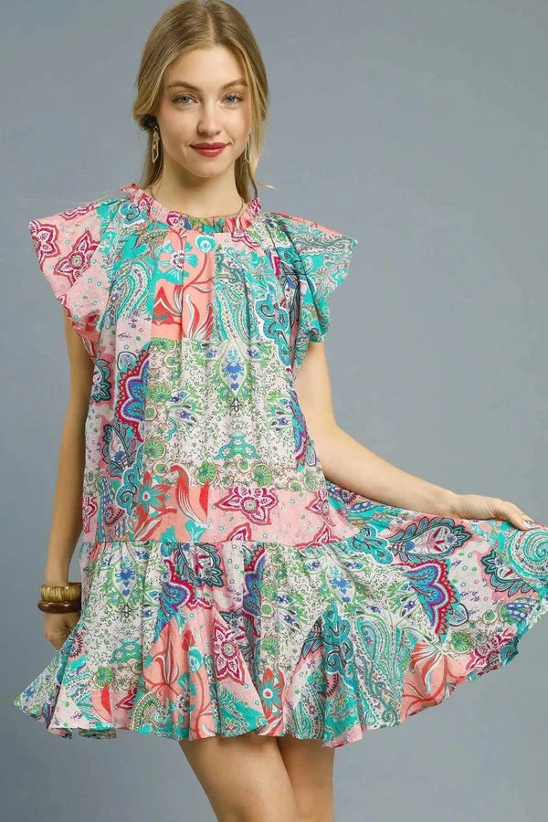 Umgee Printed Ruffle Cap Sleeve Mini Dress Blush Pink - Fashorio