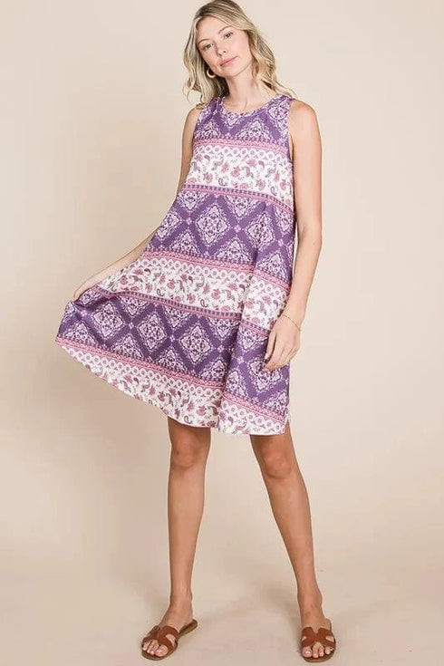 BOMBOM Bohemian Print Sleeveless Dress - Fashorio