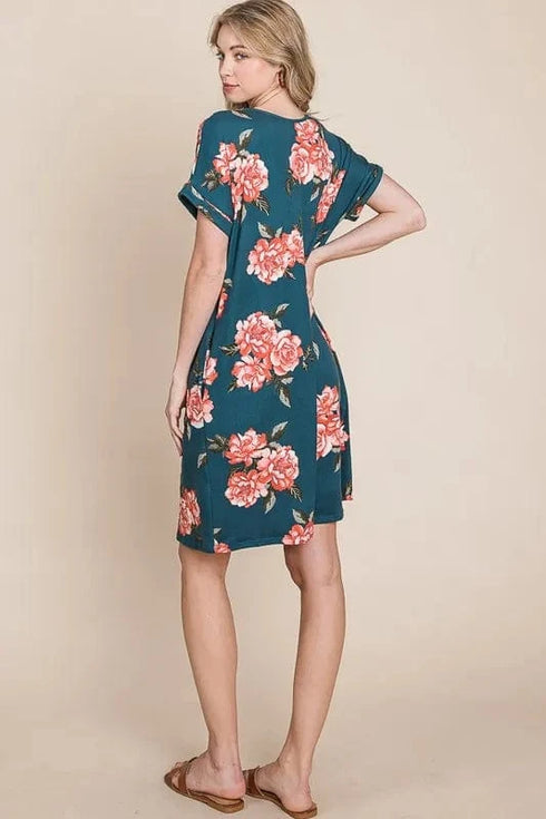 BOMBOM Floral Round Neck Short Tee Dress with Pockets - Fashorio