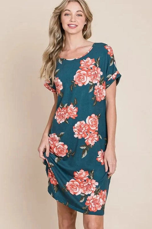 BOMBOM Floral Round Neck Short Tee Dress with Pockets - Fashorio