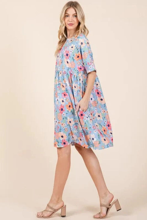 BOMBOM Floral Shirred Dress with Pockets - Fashorio