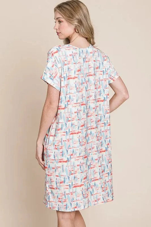 BOMBOM Printed Round Neck Short Sleeve Tee Dress - Fashorio